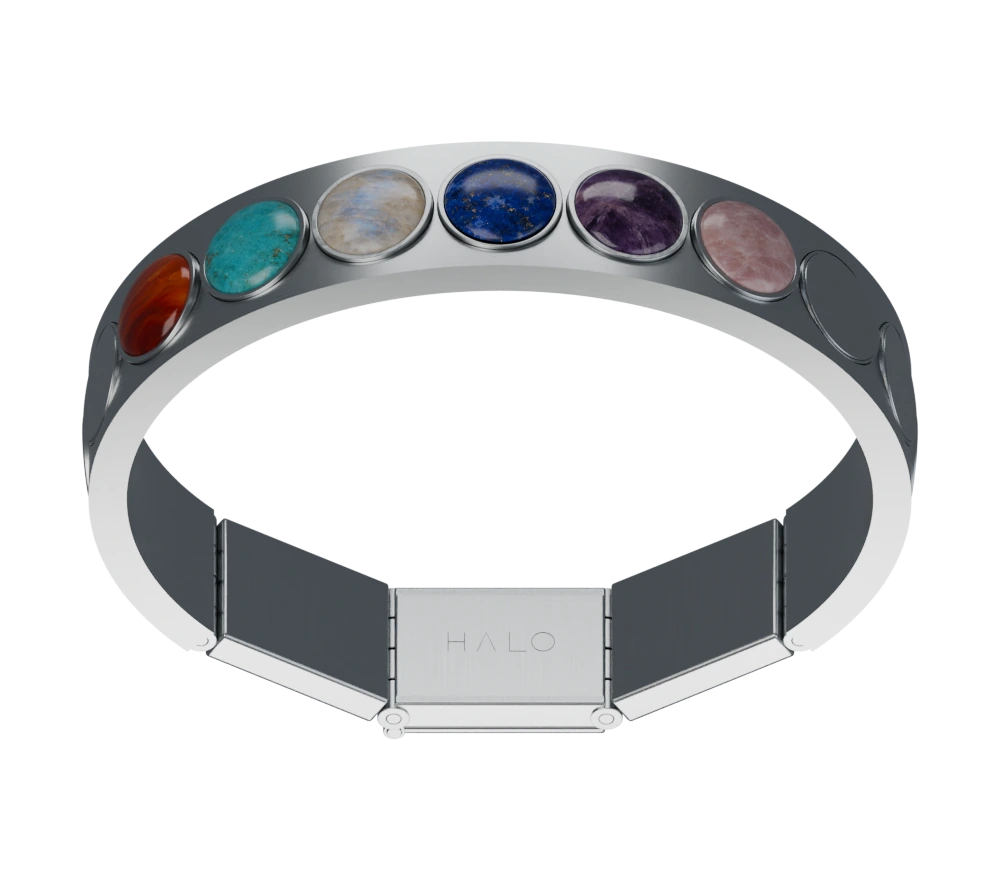 Halo I passive brushed silver bracelet with twelve cumulative stone receptacles. Design concept.
