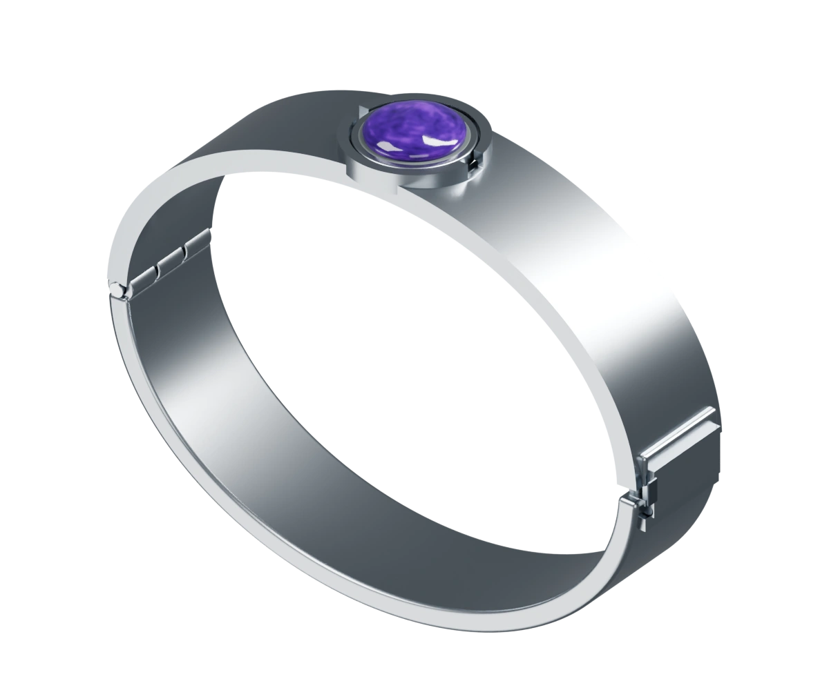 Halo brushed silver bracelet with a solid circular amethyst cabochon